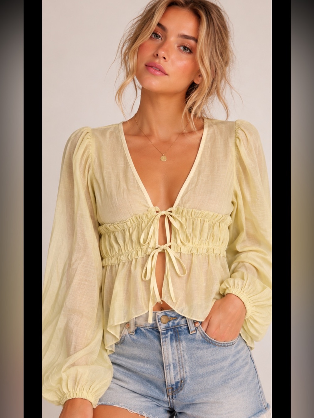 Missguided NWT Pale Yellow/Lime Sheer Tie Front Puff Sleeve Ruched Blouse Sz S